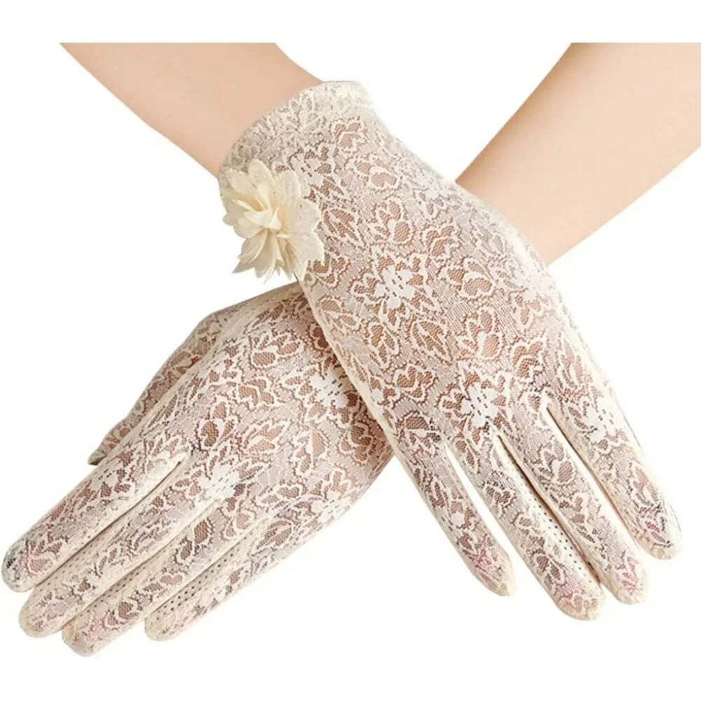 Women's Flower Beige Floral Embroider Lace Gloves Summer Sun Protection